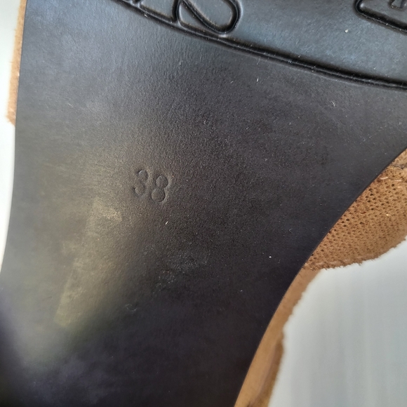 Esska Women’s 38 Anthropologie US 7 - 7.5 Tan Leather Gold Shimmer Strappy Heels - Picture 10 of 16